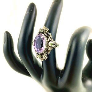 Antique Art Nouveau Suffragette Sterling Silver, Amethyst, Peridot & Pearl Ring